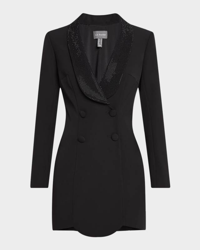Coco Rhinestone Shawl-Collar Crepe Mini Dress